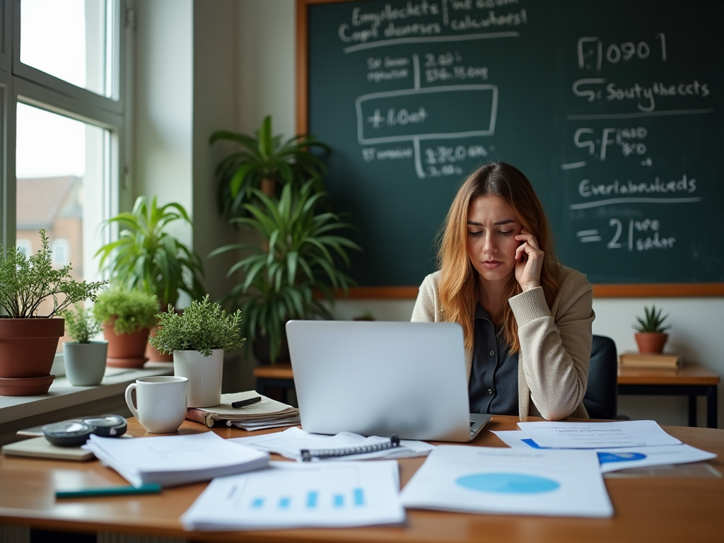 Photo-realistic image showing a small business owner in New Zealand sitting at a desk cluttered with customs documentation and invoices. The owner, a woman in casual business attire, appears perplexed while examining her laptop screen with data graphs. The room is bright, with potted plants enhancing the atmosphere. An adjacent wall displays a chalkboard filled with notes about landed costs calculations, creating an environment of brainstorming and learning.
