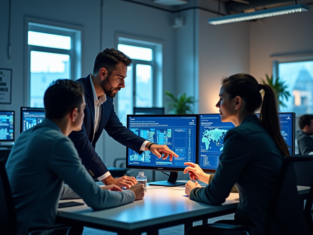 Photo-realistic image of a team in a high-tech office collaborating over Odoo software on multiple computer screens. One man in a sleek suit and two colleagues in smart casual outfits are pointing at data visualizations showing customs and landed costs. The setting is vibrant and modern, filled with technology, with bright overhead lights and motivational posters on the walls. The overall mood is productive and innovative, emphasizing teamwork in tackling business challenges.