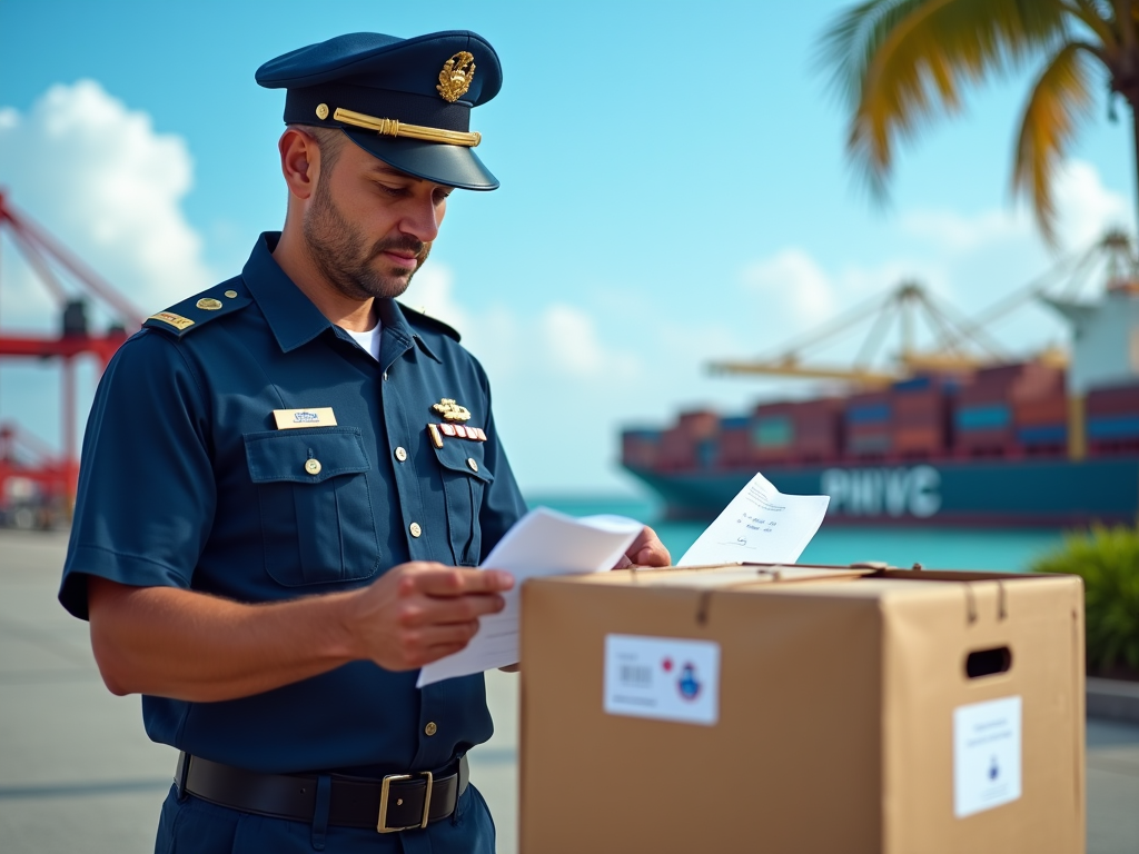 A close-up of a customs officer inspecting goods at a bustling port in the Bahamas. The officer, wearing a navy uniform with a badge, scrutinizes shipping documents and a crate marked with international labels. The background shows a vibrant port with container ships and palm trees under a clear blue sky, giving a sense of activity and importance. The image is high resolution and photo realistic.