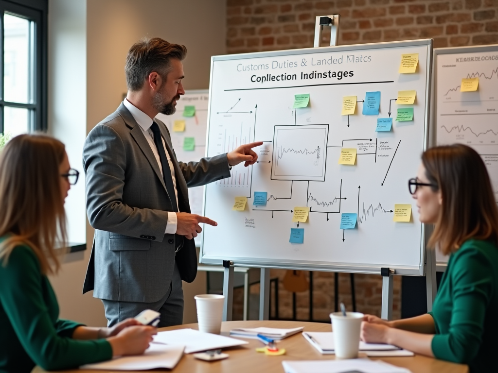An office scene where a team of professionals discusses a flowchart on a whiteboard labeled 'Customs Duties & Landed Costs Challenges.' A man in a gray suit points at the chart while a woman in a green blouse takes notes. Sticky notes and charts cover the walls with graphs showing fluctuating rates. The environment is warm and collaborative, filled with stationery and coffee cups. The image is high resolution and photo realistic.