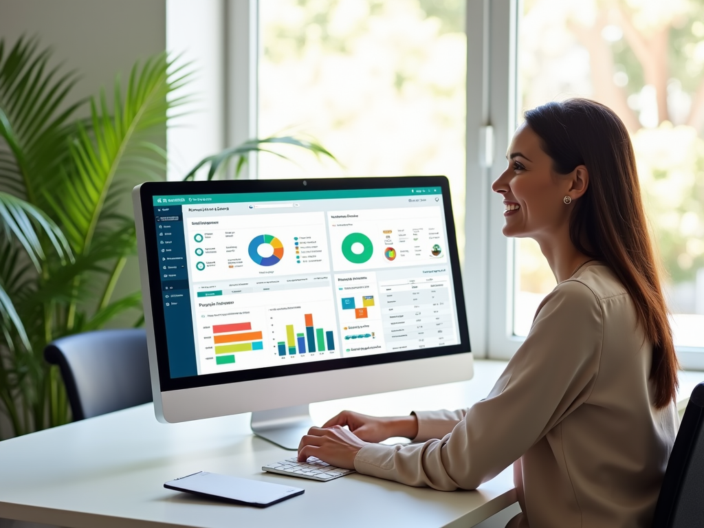 A bright, modern workspace showcasing a computer screen displaying Odoo's dashboard for managing customs duties and landed costs. A smiling businesswoman sits at her desk, engaging with the software, with colorful charts and graphs on her screen. The setting has a tropical flair with palm leaves peeking through the window, creating an inviting atmosphere. The image is high resolution and photo realistic.