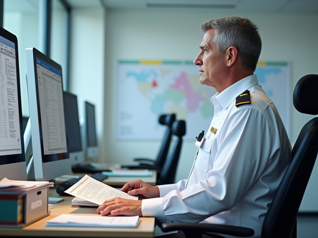 A high-resolution, photo-realistic image of a customs officer reviewing import documents in a Swiss customs office. The officer, a middle-aged man in a crisp uniform, is surrounded by folders and a computer displaying customs data. Bright, organized office space with charts of regulations on the walls.