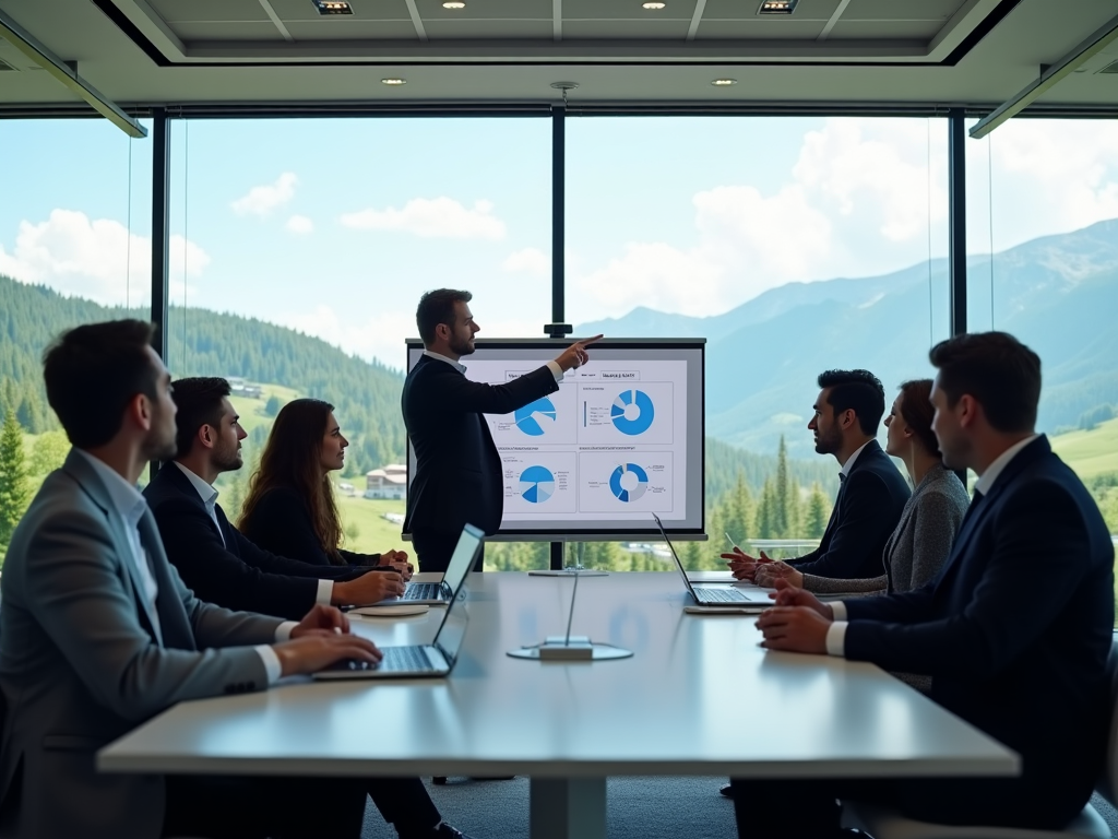 A high-resolution, photo-realistic scene of a team meeting in a sleek conference room in Switzerland, discussing landed costs with a digital presentation showing cost breakdowns. The participants, a diverse group in business attire, are engaged and pointing at charts. The room has large windows, providing a panoramic view of the Swiss countryside.