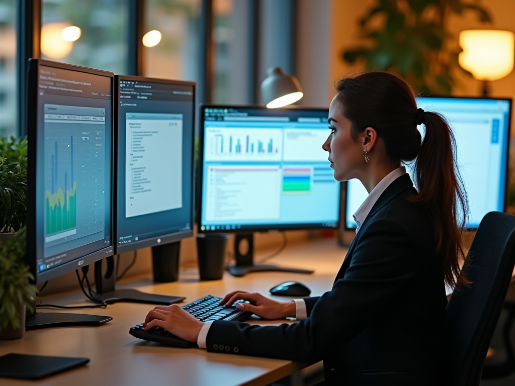 A high-resolution, photo-realistic image of a professional sitting at a workstation with multiple computer screens showing the Odoo interface. The setting is a contemporary office in Switzerland, decorated with plants, with warm lighting creating a productive environment. The user, a woman in professional attire, looks intently at the screen.