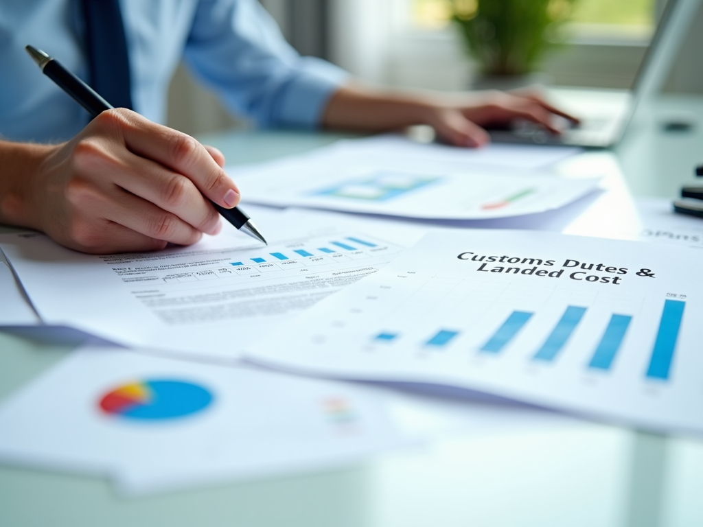 A close-up of a business professional analyzing documents that detail customs duties and landed costs, surrounded by charts and calculations on a clean desk. The setting is bright and organized, with a focus on the paperwork reflecting a professional workspace.