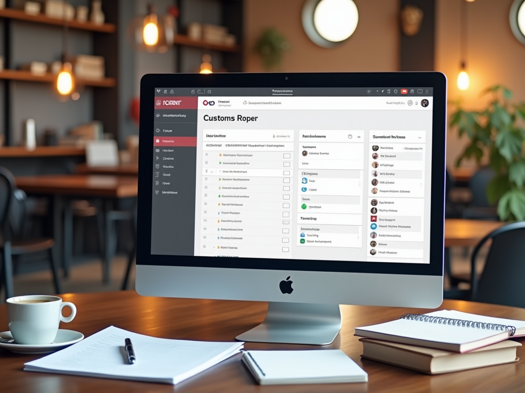 A high-resolution image of a computer screen displaying Odoo’s customs module, surrounded by notes and a coffee cup. The environment is modern with hints of Swiss culture, creating a blend of technology and tradition.