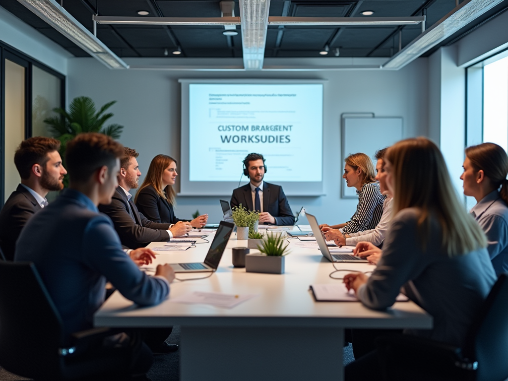 A team workshop scenario where professionals are engaged in a brainstorming session, aiming to implement Odoo for customs management. The room is well-equipped with technology, showcasing an innovative atmosphere.