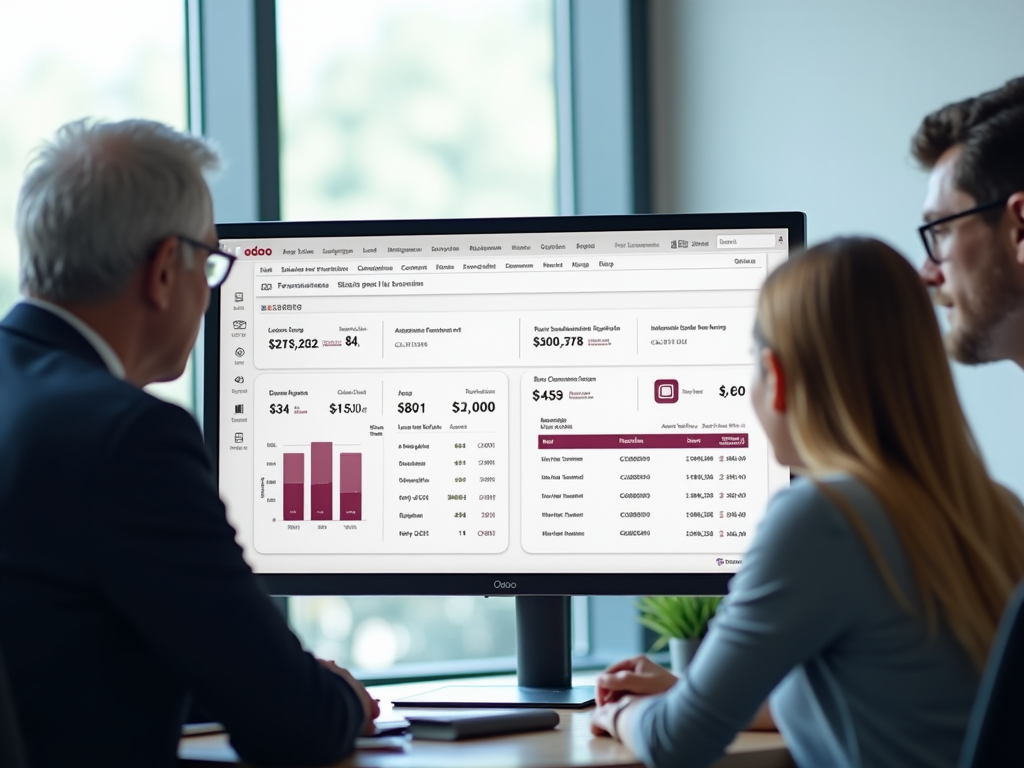 A screenshot of an Odoo dashboard displaying customs duty calculations and landed cost breakdowns on a sleek computer in a bright office. A small group of professionals, including one elder and a young analyst focused on the screen, showcasing a multicultural business environment. High resolution and photo realistic.