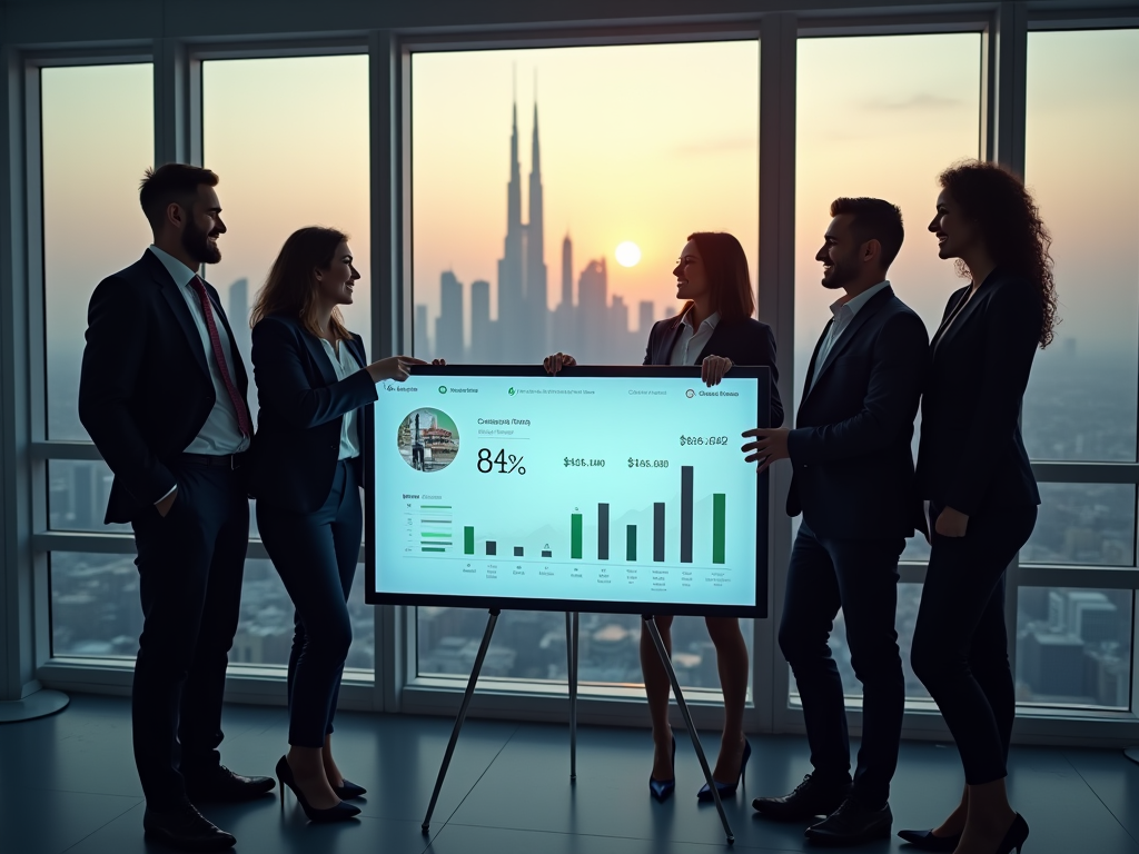 A high-resolution photo-realistic image representing a celebratory atmosphere in a corporate setting. A group of five diverse professionals, both men and women, are gathered around a large screen showing positive sales statistics after implementing Odoo. They're in business formal attire, with the Doha skyline visible through the window behind them, illuminated by an early evening glow. The scene captures their joy and excitement, reflecting the successful impact Odoo has had on their operations.