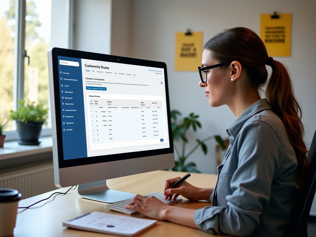 A photo-realistic scene in a modern workspace showing a computer screen displaying the Odoo Skillz Customs Duties Add-on interface. A woman in a business casual outfit, with glasses and a focused expression, is typing notes while glancing at the screen. The environment is bright, with motivational posters in the background, plants on the windowsill, and a coffee cup beside the laptop. The scene is filled with natural light, enhancing a positive work atmosphere. The mood is one of productivity and innovation. High resolution and photo realistic.