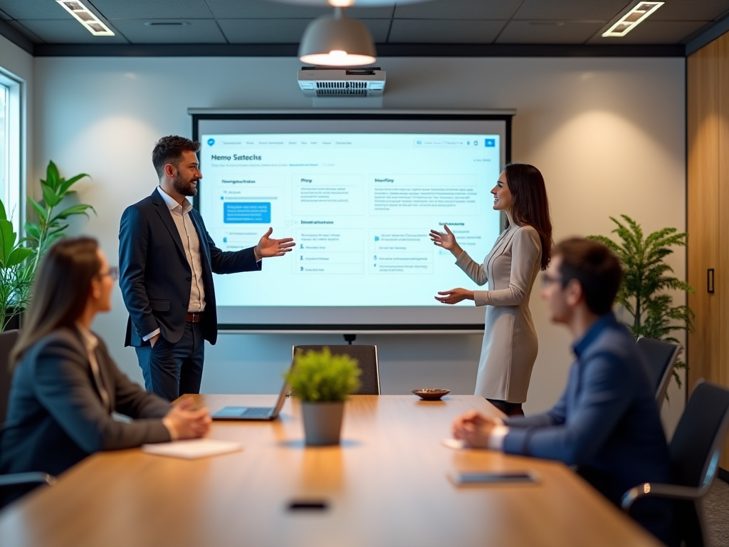 A photo-realistic depiction of a team meeting in a well-lit conference room. In the center, two team members, one man in a smart casual attire and a woman in a professional dress, are using a digital projector to present an integration plan on a screen. Their colleagues are engaged, taking notes and asking questions. The room is equipped with modern technology and has a welcoming feel, with light wooden furniture and bright indoor plants. The lighting is soft and inviting, creating an atmosphere of teamwork and collaboration. High resolution and photo realistic.