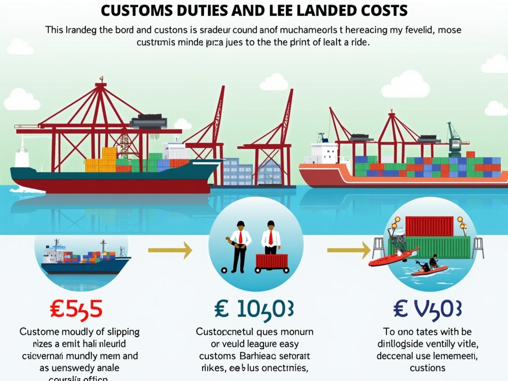 A detailed infographic illustrating customs duties and landed costs with images of shipping containers at a port and currency symbols. The background shows a busy Barbadian harbor, with ships and customs officers conducting inspections. The design is bright and colorful, providing a clear and engaging visualization of the concepts.