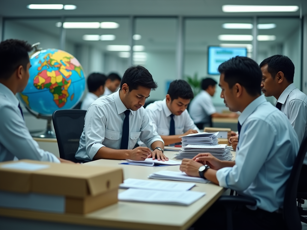 A photo-realistic scene depicting a busy customs office in Sri Lanka, with customs officers reviewing documents and packages. The office has stacks of files and computers displaying data. The officers are diverse in age and gender, wearing official uniforms. Soft, fluorescent lighting highlights a busy yet organized atmosphere. A globe can be seen in the background, underlining the global trade context.
