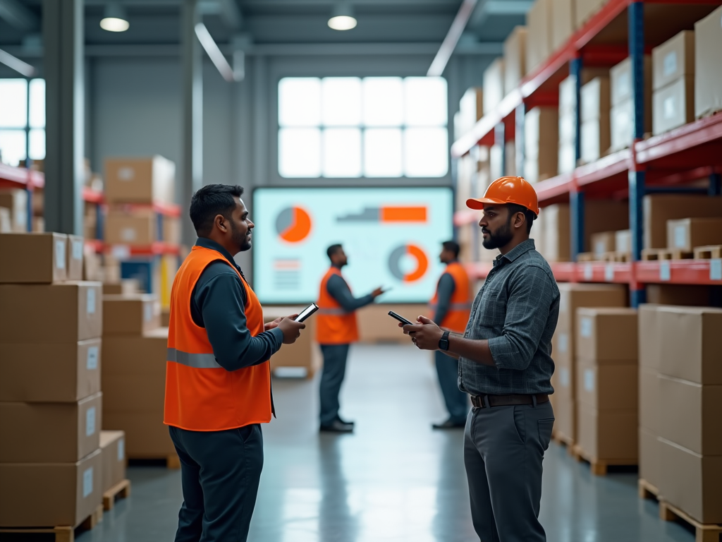 A high-resolution, photo-realistic scene showcasing a modern warehouse in Sri Lanka. Workers are using handheld devices, checking inventory, and discussing packages with visual aids and charts on a digital screen. The warehouse is bright and organized, with products neatly arranged. Natural light beams through large windows, creating an industrious atmosphere filled with purpose.