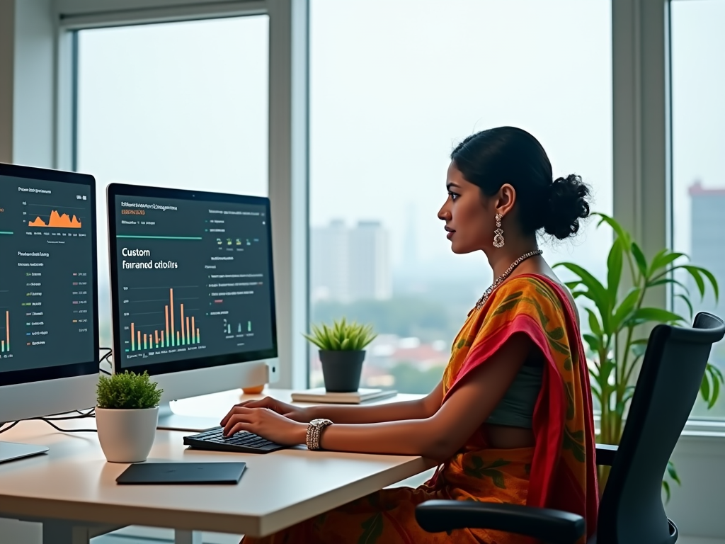 A photo-realistic image of a modern office where a woman in a colorful traditional Sri Lankan saree is working efficiently on Odoo software. Screens show graphs and financial data illustrating customs and landed cost management. A bright, airy workspace with plants and a large window view of the city. High-resolution and photo-realistic.