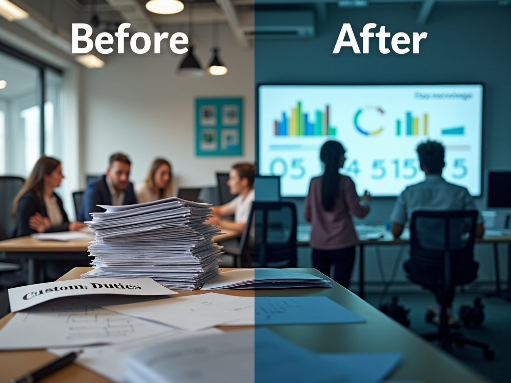 A split-screen image showing before and after scenarios: on one side, a chaotic office with stacks of papers labeled 'Customs Duties' and on the other, an organized office with a digital display of Odoo success statistics. The office features a small team looking relieved and happy in the after scenario. High resolution and photo realistic.