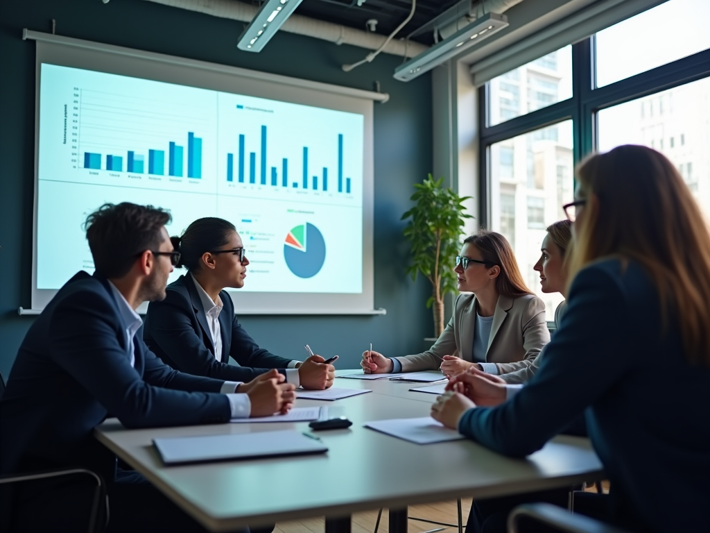 A photo-realistic scene of a diverse team of professionals brainstorming and strategizing in a modern conference room. They’re reviewing Odoo dashboards projected on a screen. The mood is collaborative and energized, with business professionals of different ages and backgrounds dressed in business casual attire. High-resolution and photo-realistic.