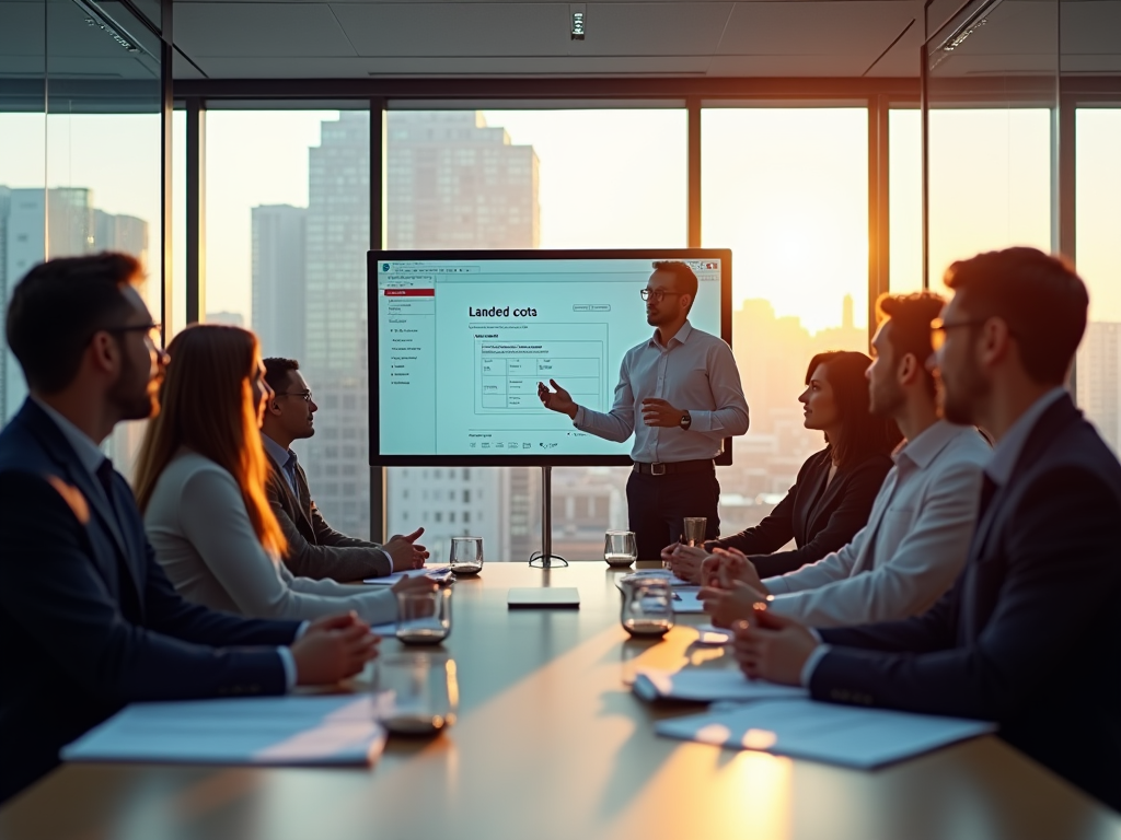 A photo realistic scene of an office boardroom where a diverse group of professionals gathers around a table. A middle-aged man explaining landed costs using a digital presentation on a screen, while attentive coworkers, representing various age groups and backgrounds, take notes. The setting is modern, with large windows showing a cityscape outside. Warm sunlight casts a glow across the room. The color palette features cool grays with vibrant accents from office supplies, creating a collaborative energy. The table is filled with documents comparing Odoo and Excel. High resolution and photo realistic.