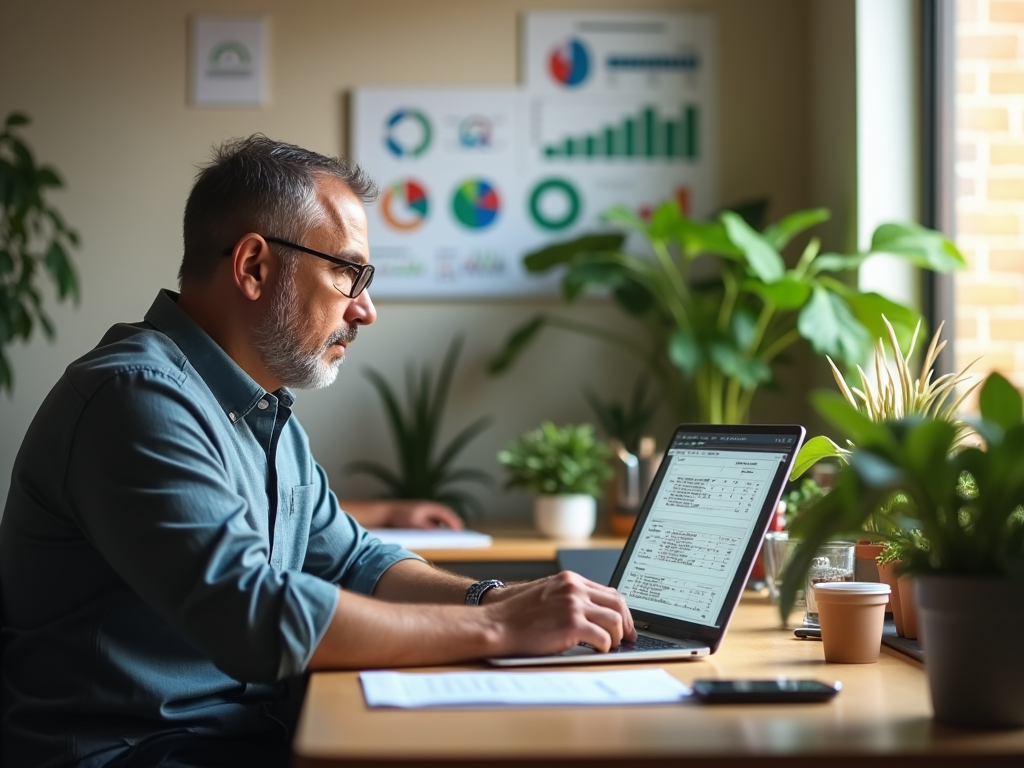 A photo realistic scene in a co-working space where a mid-aged professional, dressed in business casual, is intensely focused on his laptop covered in Excel spreadsheets. The workspace is cozy, with green plants in the background and charts on the walls showcasing different formulas. Natural sunlight is streaming in, creating an inviting atmosphere. The color scheme leaning towards warm tones provides a comforting feel of familiarity and focus. High resolution and photo realistic.