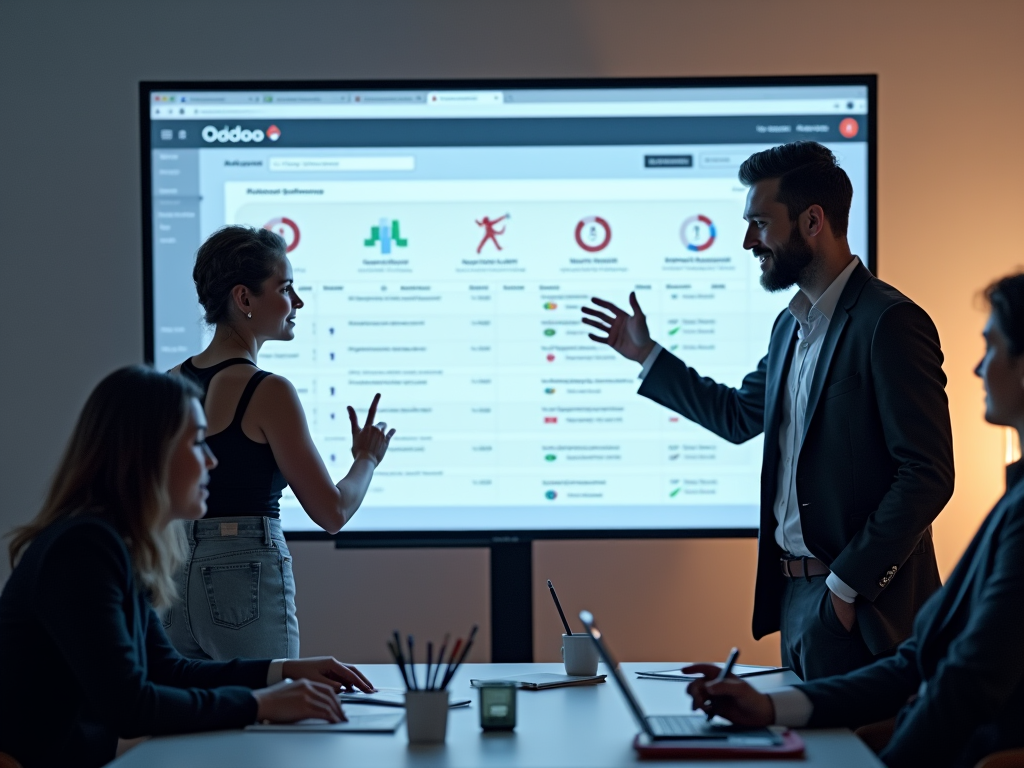 High resolution photo realistic scene of a modern workspace with a large monitor showing the Odoo dashboard for customs duties calculation. A team of diverse professionals, including a man wearing a smart blazer and a woman in a trendy outfit, collaborate over the interface. The background features a sleek design with Odoo branding, reflecting innovation. Soft, diffused lighting enhances the professional atmosphere, while items on the desk like pens and notebooks add a touch of reality. The setting is dynamic and energetic, showcasing how Odoo aids in customs duties calculations.