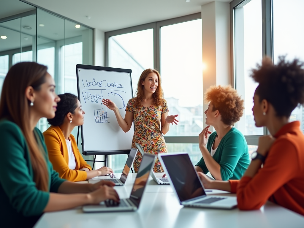 Photo realistic image illustrating a diverse group of professionals in a bright office setting discussing landed costs. The main subject is a woman in a vibrant dress presenting on a whiteboard filled with charts and figures related to landed costs analysis. Surrounding her are colleagues thoughtfully engaged, with laptops open displaying Odoo features. The office has large windows allowing natural light to pour in, enhancing the collaborative atmosphere. The overall color palette is bright and motivating, capturing the essence of teamwork and productivity. The image is high resolution and embodies the interaction of landed costs and Odoo.