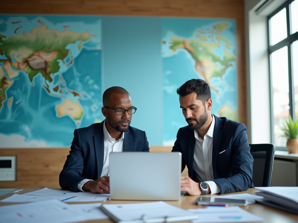 A photo-realistic scene in a modern office with a large map of the Maldives on the wall. A customs official and a business owner, both wearing professional attire, are looking at a laptop displaying customs data about imports. The environment is packed with paperwork, charts, and an air of determination, with natural light pouring in. High resolution and photo realistic.