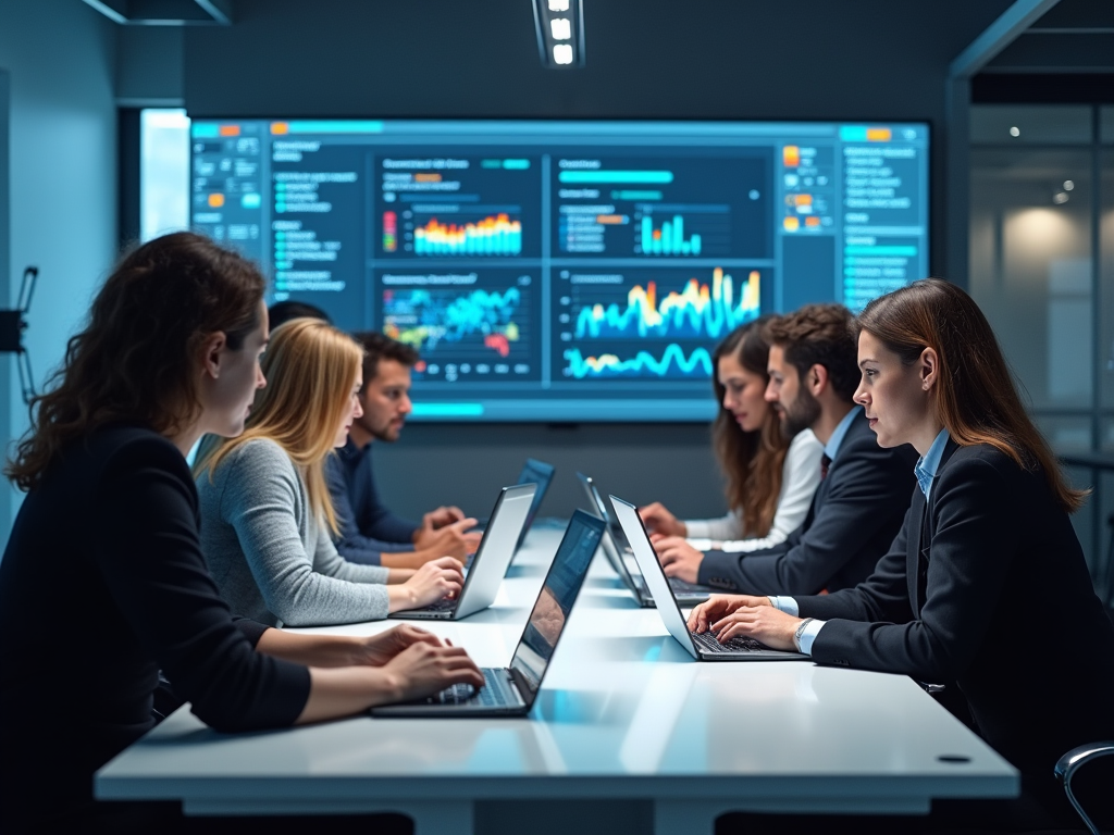 A sleek, tech-savvy workspace where a group of diverse professionals is gathered around a table engaged with laptops. They're analyzing Odoo software that displays graphs and calculations about customs duties. The setting is bright and modern, with colorful charts on a digital screen in the background. High resolution and photo realistic.