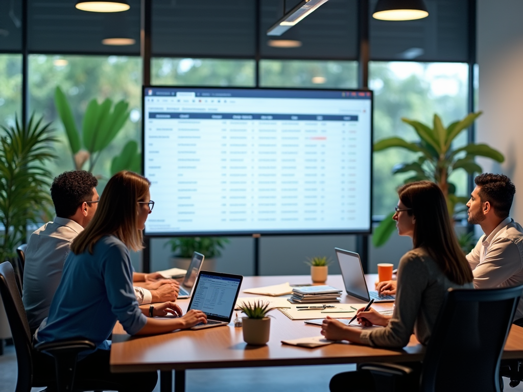 A bustling office environment featuring a team of employees reviewing landed cost reports on a large screen. The room has contemporary décor with tropical plants adding a bit of local flavor. The individuals are actively discussing, with notepads and calculators scattered around. High resolution and photo realistic.