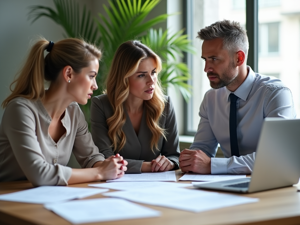 Photo-realistic scene showing a team of three professionals - two women in smart attire and one man in a shirt and tie - gathered around a table filled with documents and a laptop. They look concerned while analyzing customs forms related to a shipment. The meeting takes place in a modern office environment with subtle tropical decor. The natural light is bright, casting gentle shadows. The mood conveys a sense of urgency and teamwork. The image is high resolution and photo realistic.