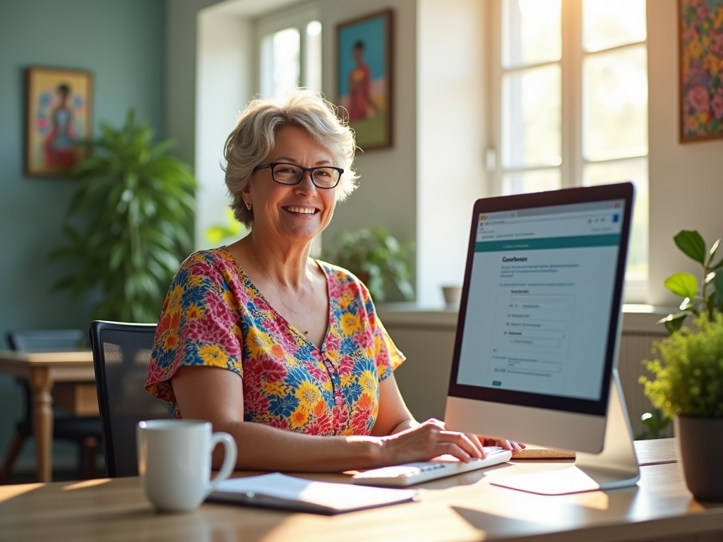 Photo-realistic image of a cheerful business owner, a middle-aged woman wearing a colorful dress, sitting at a desk with a computer showing a customs software interface. The office has a bright, airy feel, with plants and Barbadian art on the walls. A coffee mug and notepad filled with notes are nearby, emphasizing a productive work environment. Sunlight pours in, highlighting a sense of optimism and clarity regarding her customs duties. The image is high resolution and photo realistic.