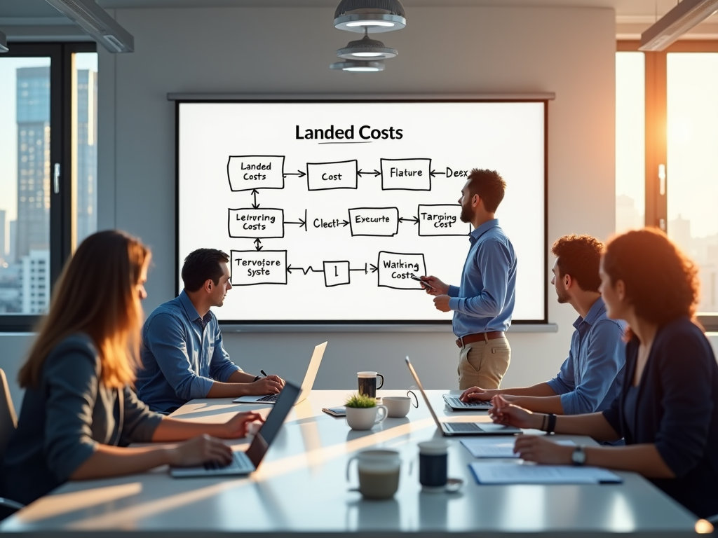 A high resolution, photo-realistic image of a bright conference room with a whiteboard displaying a detailed flowchart about 'Landed Costs'. A diverse group of professionals, including a man in a blue shirt and a woman in a smart blazer, are brainstorming around a large table filled with laptops, papers, and coffee cups. The lighting is warm and inviting, with a bright window view of a city skyline. The atmosphere is collaborative and focused. The scene captures the essence of teamwork and problem-solving related to landed costs in Odoo.