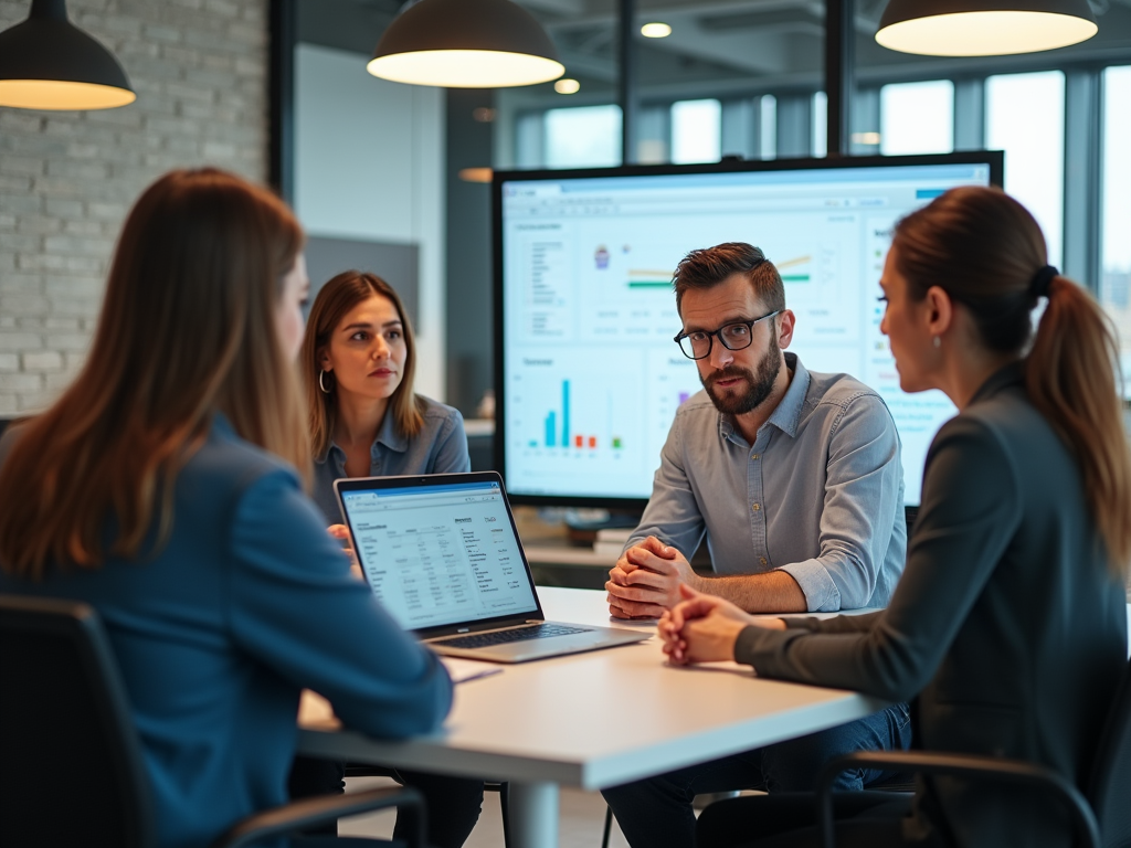 A high resolution, photo-realistic image of a tech workspace where a project manager explains customs integration on a laptop screen to a few team members. The screen shows the Odoo interface with data visualizations. The setting is modern with sleek furniture, and the lighting is bright and cheerful. The professionals, diverse in appearance, exhibit expressions of curiosity and engagement. Their clothing is professional, suited for a business environment, creating a positive and active learning atmosphere for integrating customs into Odoo.