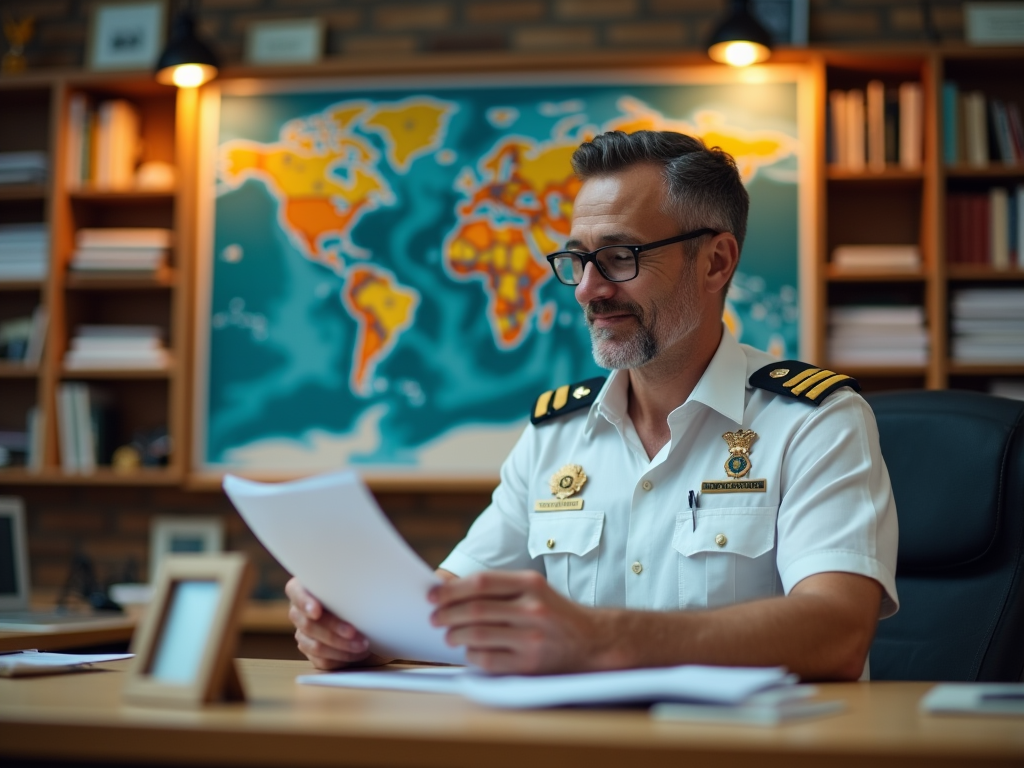 A close-up view of a customs office in the Caribbean, featuring a friendly customs officer in a neatly pressed uniform reviewing import paperwork. Office details include shelves filled with trade documentation, and a large world map highlighting trade routes. Warm lighting illuminates the space, creating a welcoming atmosphere. The officer, a middle-aged man with glasses, is focused on his work, with a small family photo on his desk adding a personal touch. This is a high-resolution, photo-realistic image representing the concept of import duties.