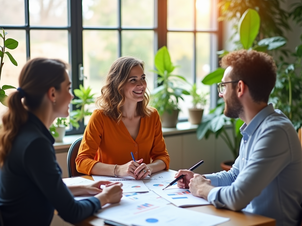A dynamic scene in a local business office where a small business owner, a young woman in a vibrant dress, is discussing financial reports with an accountant. The office is filled with charts and tax documents, bright natural light filtering in through large windows. The atmosphere is focused but positive, as the business owner takes notes while engaging actively. The setting includes a few potted plants for a touch of homeliness. This is a high-resolution, photo-realistic image showcasing the partnership between business and finance.