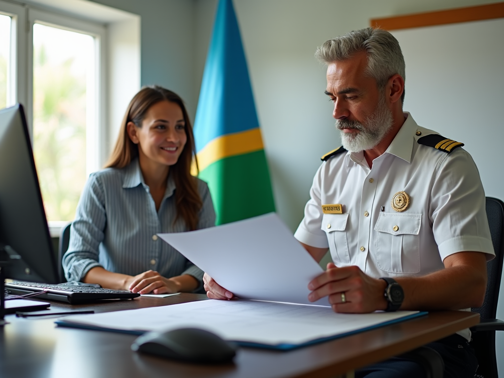 Photo realistic image of a customs office in Vanuatu, featuring a professional-looking officer checking documents at a well-organized desk. The setting exhibits a clean and functional workspace with the country's flag in view. The officer, a middle-aged man dressed in a crisp uniform, studies a large import/export ledger while a happy small business owner, a young woman in a casual yet neat outfit, stands nearby, discussing her shipment. Soft daylight filters in through a window, highlighting the seriousness yet friendliness of the scene.