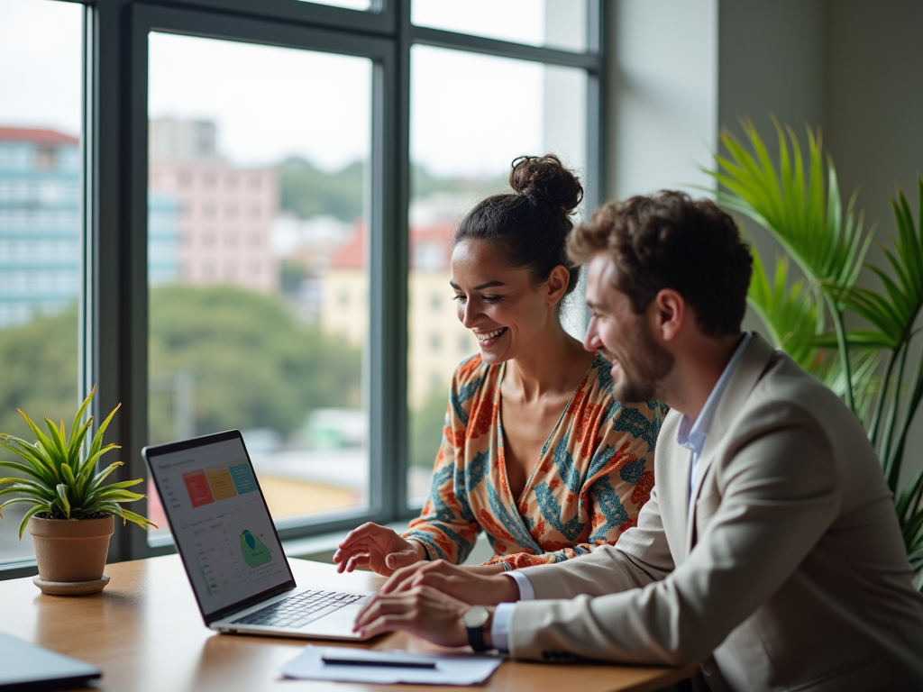 A high-resolution, photo-realistic image of a picturesque landscape in Curacao, showcasing a customs office building with officials reviewing documents on their desks. Sunlight filters through windows, highlighting the professionals in formal attire. One officer is on the phone, while another is inspecting goods. The room features Caribbean-themed decor with colorful local art. View this scene from a slightly elevated angle to capture both the outdoor scenery and the busy interior.