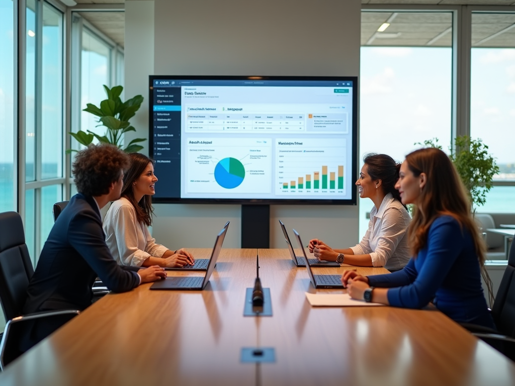 A modern, well-lit office space with large windows overlooking the vibrant streets of Curacao. Two professionals, a woman in a colorful dress and a man in a light blazer, collaborate over an open laptop displaying the Odoo interface. They are engaged in a lively discussion, with data visualization on the screen. Soft, natural light illuminates the room, creating a warm yet focused environment. A few tropical plants add a touch of green to the space. High-resolution and photo-realistic.
