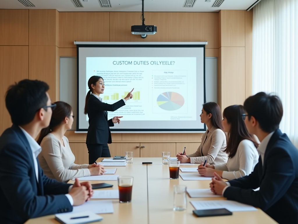 A photo-realistic image depicting an educational seminar setup in South Korea with a presenter discussing customs duties valuation. The room is filled with attentive professionals of various ages, focused on a digital projector displaying slides explaining customs duties. The setting features neutral tones with light wooden accents, emitting a warm, inviting atmosphere. The presenter, a South Korean woman in business attire, enthusiastically gestures while pointing to the screen. On the table are notepads, pens, and a half-empty coffee jug, adding a relatable touch to the professional environment. The image is brightened with natural light streaming through large windows, capturing everyone's engaged expressions.