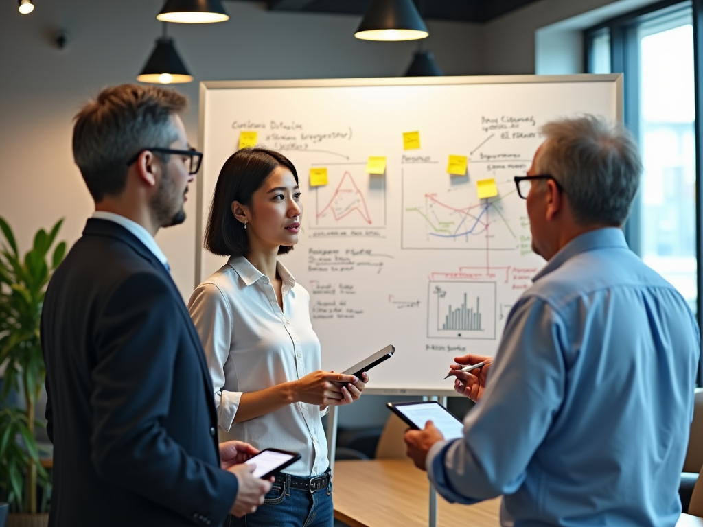 A high-resolution, photo-realistic image of a brainstorming session in a modern South Korean office. Three professionals—a middle-aged man with glasses, a young woman with short hair, and a senior professional with a distinguished look—are gathered around a whiteboard filled with diagrams and post-it notes related to customs duties. They're in casual yet professional attire, illustrating a relaxed yet focused atmosphere. The office features sleek furniture, plants in the background, and the warm glow of overhead lights. Their expressions show deep concentration and collaboration as they utilize digital tablets to note insights. This dynamic scene highlights teamwork in solving the customs duties valuation puzzle.