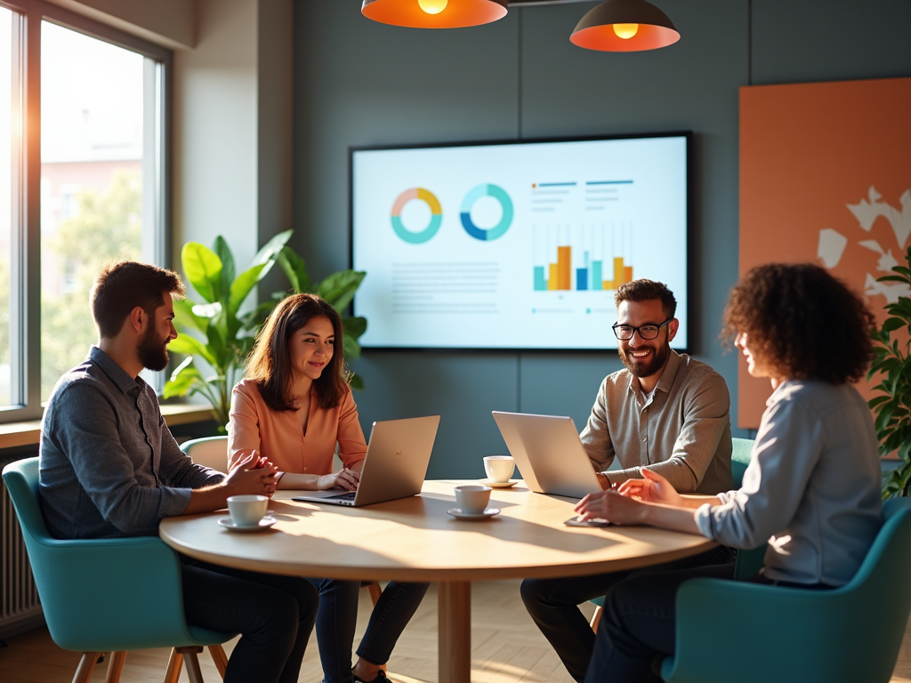 A photo-realistic image showcasing a successful Odoo implementation meeting in a trendy office in Busan, South Korea. A diverse team of four professionals at a round table, one presenting data on a laptop. They vary in age and gender, reflecting a modern workplace. The room has a contemporary design with bright colors, plants, and modern art on the walls, creating a vibrant atmosphere. A large screen displays Odoo analytics, emphasizing teamwork and innovative discussions. Coffee cups and laptops are scattered across the table, highlighting a productive working environment. The sunlight casts energetic shadows, enhancing the scene's warm engagement.