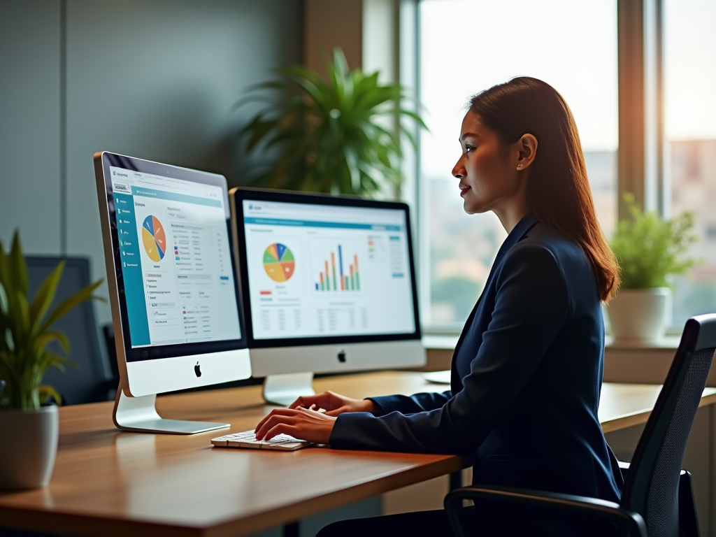 Photo realistic image of a well-organized Odoo workspace, with computer screens displaying Odoo dashboards related to customs duties. A person, a middle-aged Indonesian woman in a smart business outfit, is engaging with the software showing graphs and data. The setting is modern with natural light streaming in through a large window, providing a view of a cityscape. The color palette is warm, with wooden desks and green plants for a touch of nature, creating an inviting atmosphere. The mood is focused and determined. The image captures the essential elements of working with Odoo in the customs context, high resolution and photo realistic.