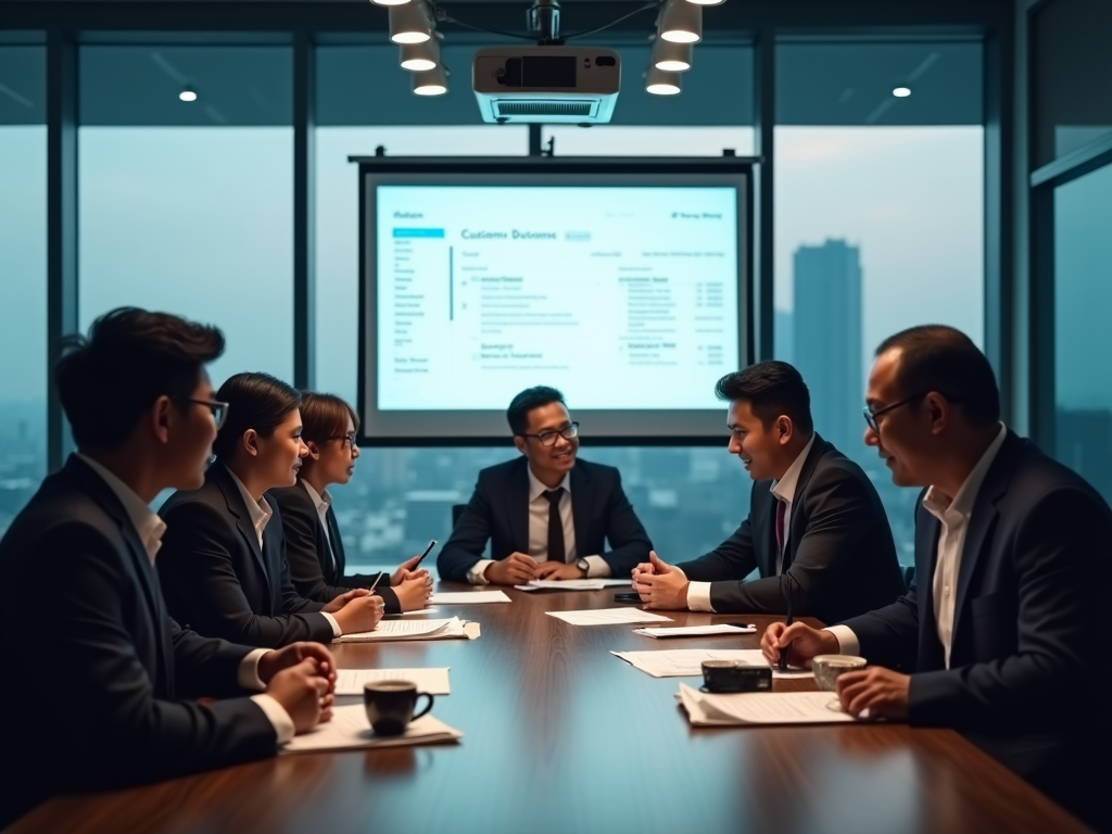 Photo realistic image of an Indonesian business team in a spacious conference room, discussing customs duties over a digital tablet showcasing Odoo's capabilities. Five people of varying ages, dressed in formal business attire, are animatedly engaged in the discussion. The setting includes a large table with paper documents, a projector displaying Odoo's interface, and a large window revealing a bustling business district. Soft, ambient lighting creates a collaborative atmosphere. The image should include subtle details, like coffee cups and pens scattered around, and a clock showing the late afternoon. High resolution and photo realistic.