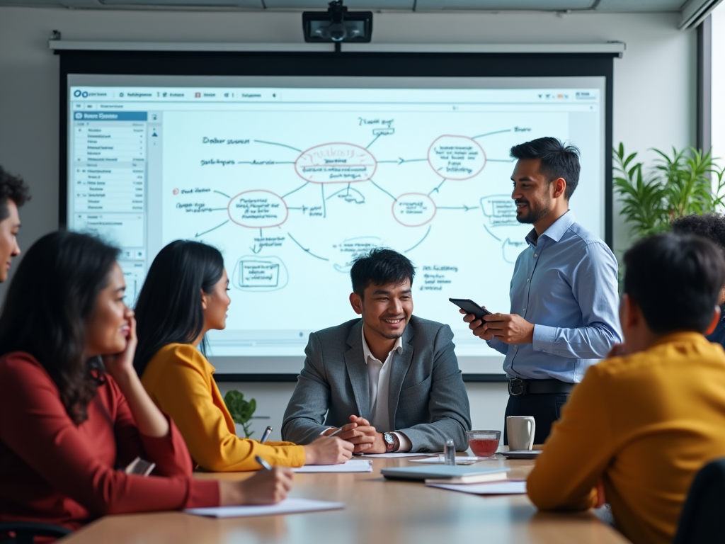 Photo realistic image of an Indonesian IT consultant demonstrating Odoo software to a group of interested business owners in a modern seminar setting. Diverse participants are engaged, taking notes, and asking questions. The environment is bright and welcoming, with monitors showcasing Odoo's features, and a large whiteboard filled with scribbles and drawings outlining Odoo’s solutions. The lighting is bright and cheerful, with vibrant colors of the participants' attire. This scene captures the essence of collaboration and learning. High resolution and photo realistic.