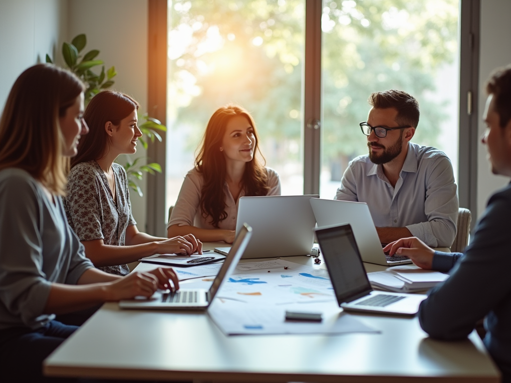 A bright, well-organized conference room where a team discusses alternative tools for logistics management. Diverse professionals, including a woman in a floral dress and a man in a casual shirt, are seated around a table with laptops open. Sunlight streams through the glass, illuminating notes and graphs related to logistics solutions. High-resolution, photo-realistic images show keen expressions and engaged body language.