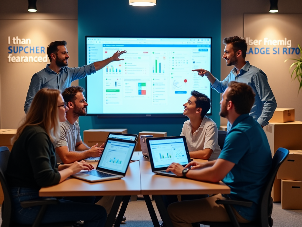 A vibrant team meeting with individuals demonstrating a variety of logistics software on their laptops. Some are pointing at screens displaying user-friendly dashboards, while others are brainstorming ideas. The room is colorful with motivational quotes on the walls and several shipping boxes on the floor, emphasizing the business theme. This high-resolution, photo-realistic scene encapsulates collaboration.