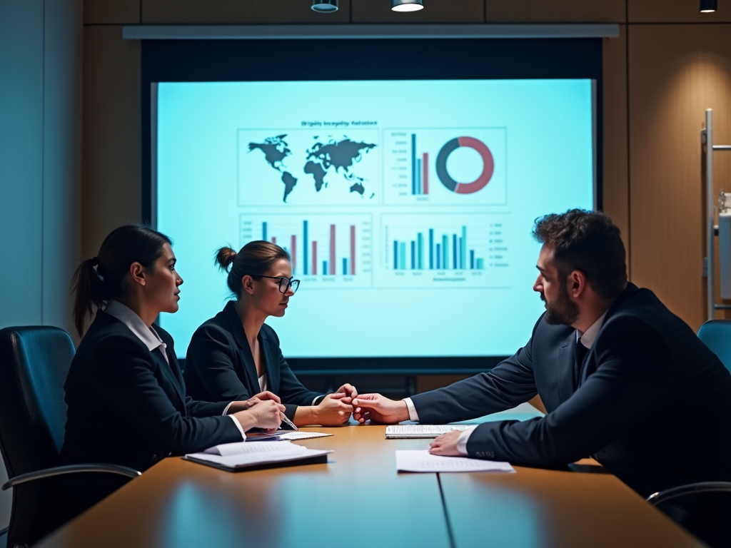 A focused discussion occurring at a stylish desk with charts and graphs projected onto a screen showing budget allocations for shipping solutions. Professionals are analyzing numbers together, displaying both concentration and collaboration in their expressions. The room is equipped with modern technology, enhancing the image’s realism and focus on financial discussions. High-resolution and photo-realistic.
