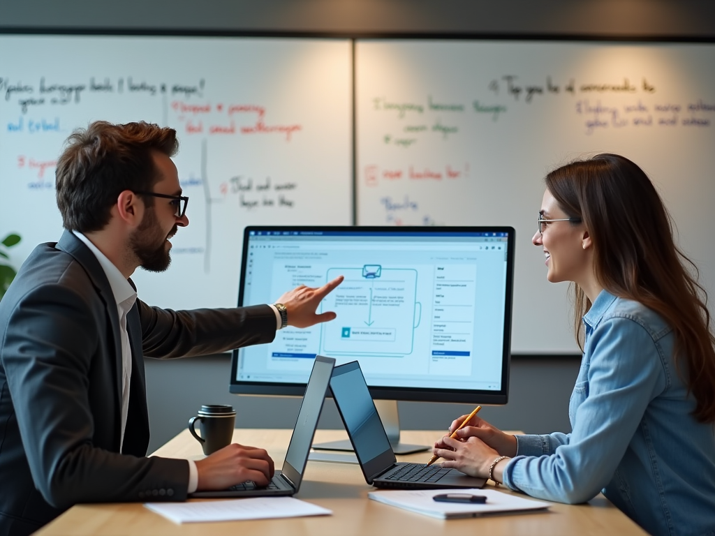 An action shot of two professionals helping each other with software integration on their laptops in a lively office. One points at the screen, and the other takes notes, symbolizing teamwork in tech implementation. Whiteboards filled with flowcharts and installation steps are visible in the background, enhancing the educational vibe. It’s a high-resolution, photo-realistic image capturing a moment of engagement.