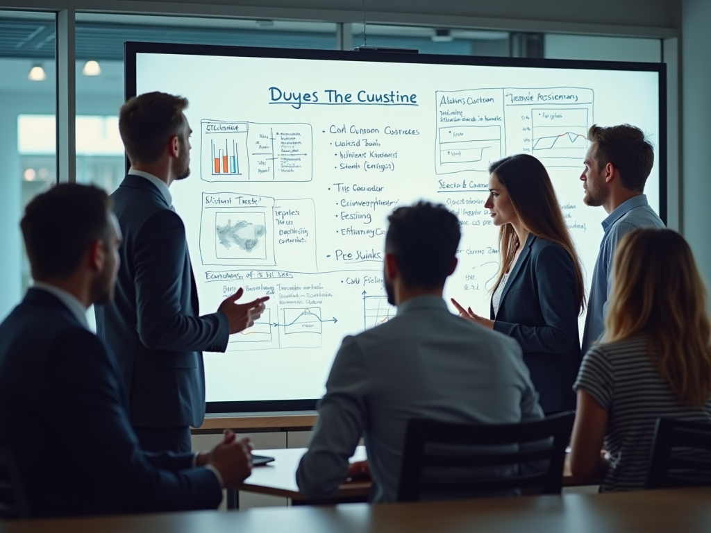 A team meeting in an office strategizing over a whiteboard filled with charts and notes detailing customs duties calculation. The team comprises professionals of different ages and genders, all engaged in the discussion, with a serious yet collaborative ambiance. High resolution and photo realistic.