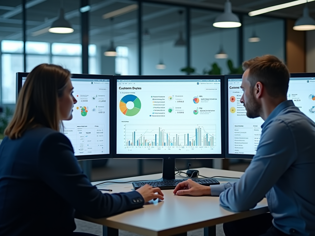 An Odoo dashboard displayed on multiple computer screens in a modern office environment, showcasing customs duties calculations. Business professionals are analyzing the data together, promoting teamwork and solution-finding in a technologically advanced atmosphere. High resolution and photo realistic.