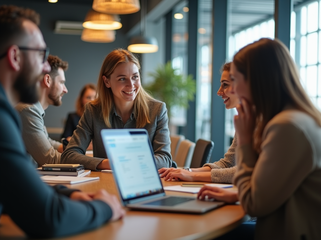 A casual yet professional workspace where employees are collaborating on customs duties strategies using Odoo software. The scene includes a mix of technology and conversation, representing a modern work environment. High resolution and photo realistic.